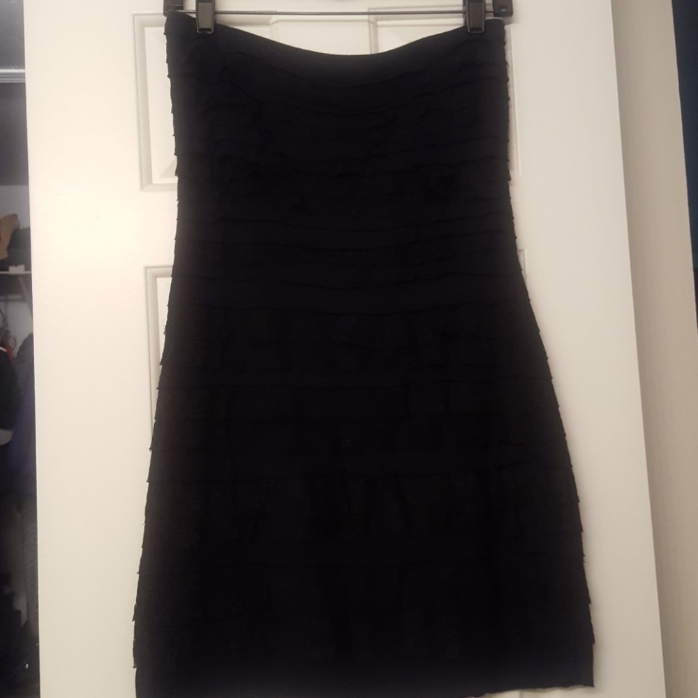 Black strapless lace cocktail dress